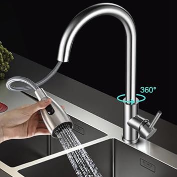 Kitchen Sink Faucet for Bar Farmhouse Commercial, Brushed Silver Kitchen Faucet, Pull Out Kitchen Sink Water Tap, Single Handle Mixer Tap, 360 Degree Rotating Kitchen Shower Faucet (Color : Brushed S