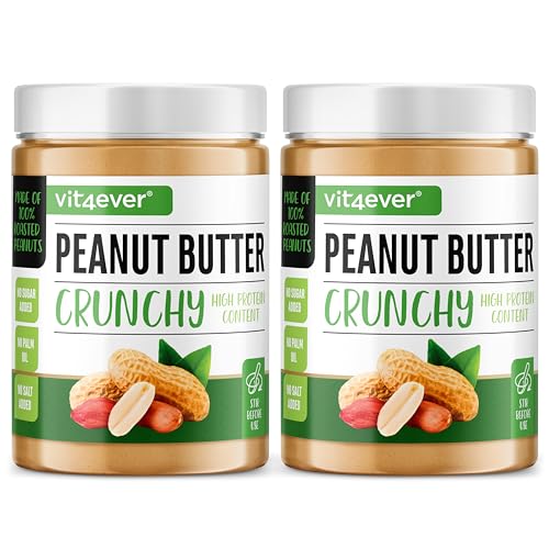 vit4ever Erdnussbutter Crunchy - 2 kg natürliche Peanut Butter Ohne Zusätze - High Protein - Erdnussmus ohne Zusätze von Salz, Öl oder Palmfett - Vegan