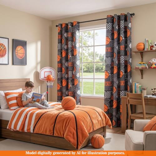 Image of MYSKY HOME Blackout Curtains 63 Inch Length for Teen Boys Kids Room Decor 95% Light Blocking Thermal Insulated Grommet Drapes with Basketball Printed, 2 Panels, 52 inch Wide Each Panel, Black and Orange