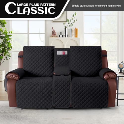 Image of KinCam 100% Waterproof Recliner Loveseat Cover with Console, Non-Slip Reclining Couch Covers for 2 Seat, Recliner Sofa Cover Furniture Protector with Elastic Straps for Kids, Pets, Black