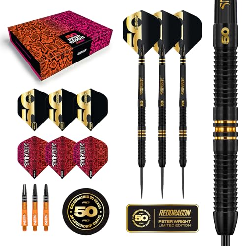 RED DRAGON Darts - 50 Jahre Jubiläums Spieler Edition - Peter Wright Snakebite 21g - 90% Wolfram - Professionelles dartpfeile metallspitze Satz - Enthält Steeldarts Pfeile Flüge und Dart Schäfte