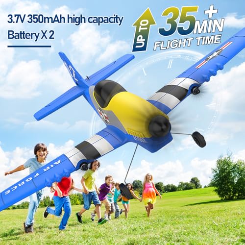 Image of Rc Plane, 3 Channel Rc Airplane 2.4Ghz With 2 Batteries 6-Axis Gyro Stabilizer, Easy To Fly For Beginners Adults And Kids (P-51D), Blue