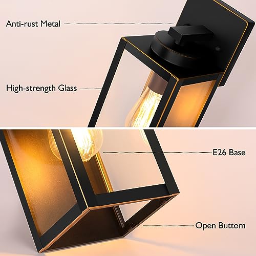 Image of BesLowe Outdoor Wall Light, Modern Porch Sconce, Black with Gold Trim