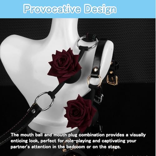 Image of DFsucces Leather Restraints Ball Mouth Plug Silicone Bondage Ball Gag Hollowed-Breathable Silicone Sex Gag Muzzles Adjustable Strap Bondage Harness Restraints( (Red-G1)