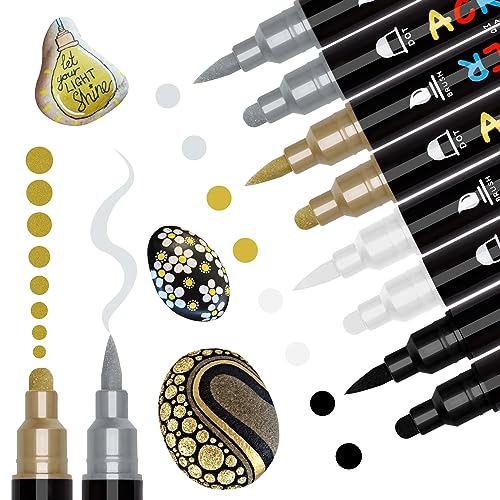 Tesquio Acrylstifte für Steine Wasserfest Dual Brush Tip 8pcs Metallic Marker Stifte Set Steine Bemalen Multimarker Acrylmarker für Holz, Leinwand, Glas, Papier, Keramik Vier Farben