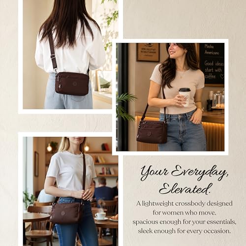 Image of Women's Crossbody Sling Bag, Water-Resistant Nylon Shoulder Handbag with Multiple Zipper Compartments, Lightweight Travel Purse, Shopping, Adjustable Strap Messenger Bag