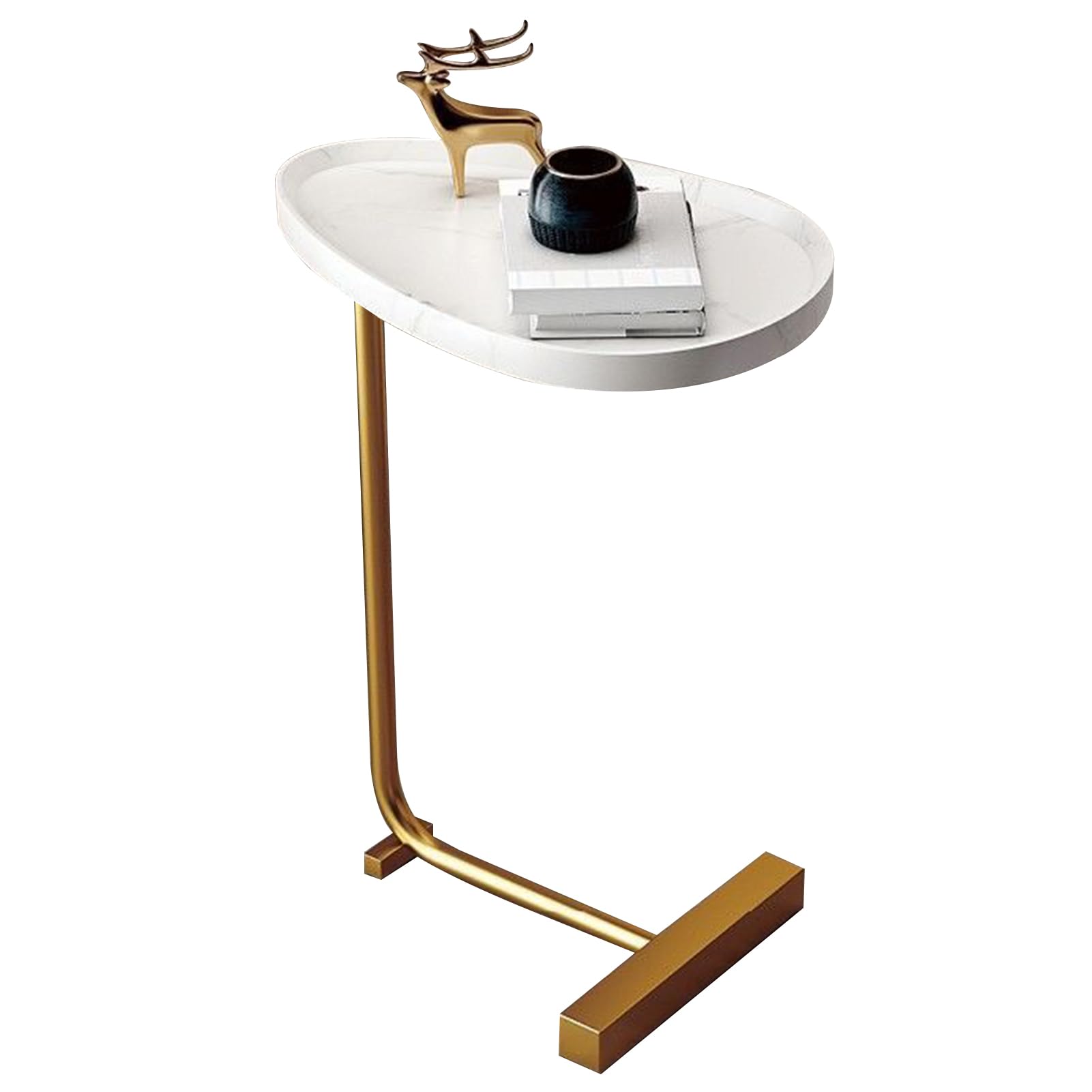 C-Shaped End Table Sofa End Table for Small Spaces Side Table Coffee Table Snack Table Bedside Table for Living Room, Bedroom, Bedside (Gold Frame White Marble)