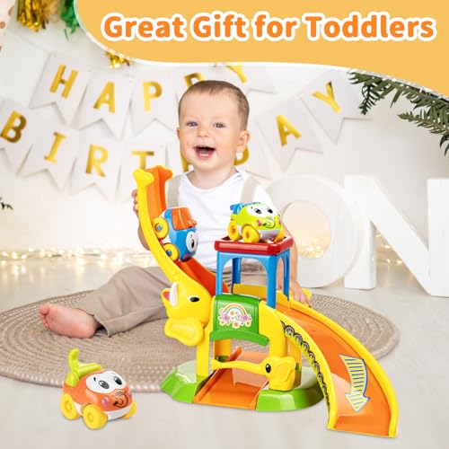 lerrbo Kleinkindspielzeug für 0 1 2 3 Jahre alte Jungen und Mädchen Geburtstagsgeschenke, Elefantenrutsche mit 4 Cartoon Autos Lernen Babyspielzeug 12-18 Monate, Lernspielzeug für 1+ Jahr alt
