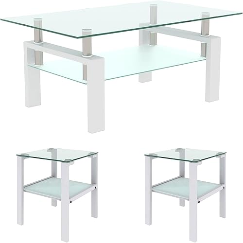 Miniatura 1 de Juego de 3 mesas auxiliares y mesa auxiliar de cristal, diseño clásico de 2 niveles, parte superior de vidrio templado y patas de metal sólido, uso