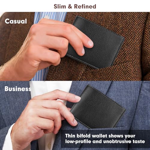Slim Genuine Leather Wallet for Men Bifold Design with ID Clear Window and 6 Credit Card Slots Minimalist Handmade Card Holder (Black)3