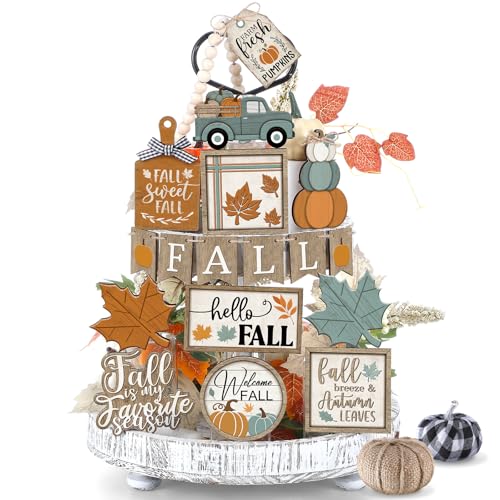 DoubleFill 21 Pcs Fall Tiered Tray Decoration Set Autumn Table Sign Farmhouse Pumpkins Decor Thanksgiving Maple Leaves Centerpieces Wood Blocks Signs for Harvest Kitchen Home Decor