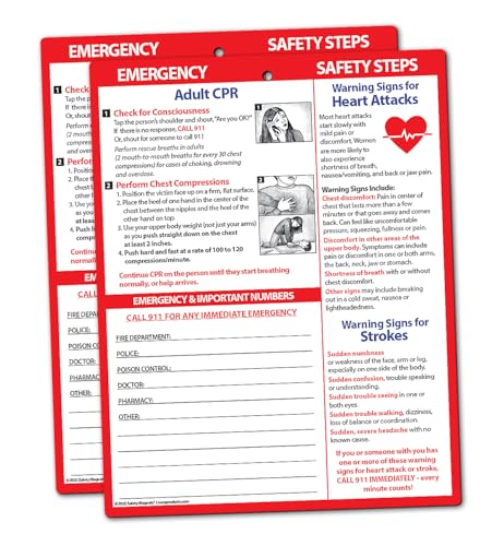 Safety Magnets by ZOCO – Adult CPR, Heart Attack and Stroke Warning Signs Fridge Magnets (2-Pack) – Quick First Aid Instructions Chart – Emergency Numbers List – Laminated Card, 8.5" x 11"