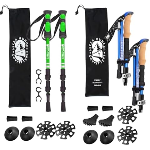Premium Kids Trekking Poles & Foldable Hiking Poles by USA Brand – Ultra Strong and Lightweight – Green Aluminum Trekking Poles for Kids & Blue Premium Foldable Hiking Set with Real Cork Grips Cover