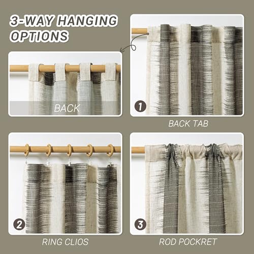 Image of MYSKY HOME Bedroom Curtains Linen Textured Sheer Panels, Curtains 63 Inch Length Light Filtering Lines Back Tab Semi Sheer Window Treatment Farmhouse Style Drapes for Bedroom, 50 inchx63 inch, Khaki, 2 PCs