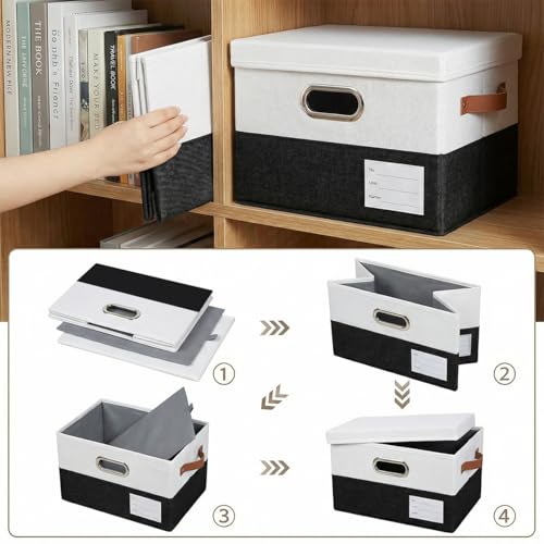 Image of PRANDOM Storage Bins with Lids [3-Pack] Linen Fabric Foldable Storage Boxes Organizer Containers Baskets Cube with Cover for Bedroom Closet Office Black & White（11.4X8.6X6.7