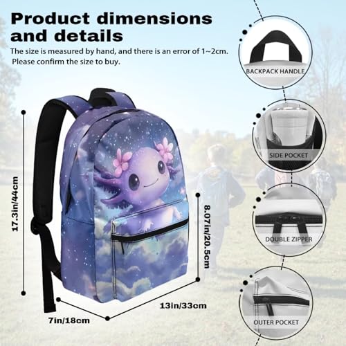 Axolotl Backpack for School Girls 4th Grade Large Capacity Girls School Backpacks 17 Inch Adorable Bookbag for Kids Comfortable Tween Backpack for Primary Children2