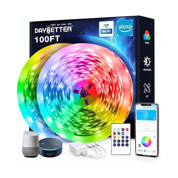DAYBETTER 100 ft Smart WiFi Led Lights, Led Strip Lights Work with Alexa and Google Assistant, App Voice Remote Control Music Sync Color Changing RGB Strip Lighting for Bedroom Room Decor, 50 ft *2