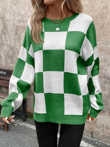 Image of SHENHE Women's Checkered Color Block Oversized Sweater Plaid Crew Neck Drop Shoulder Pullovers