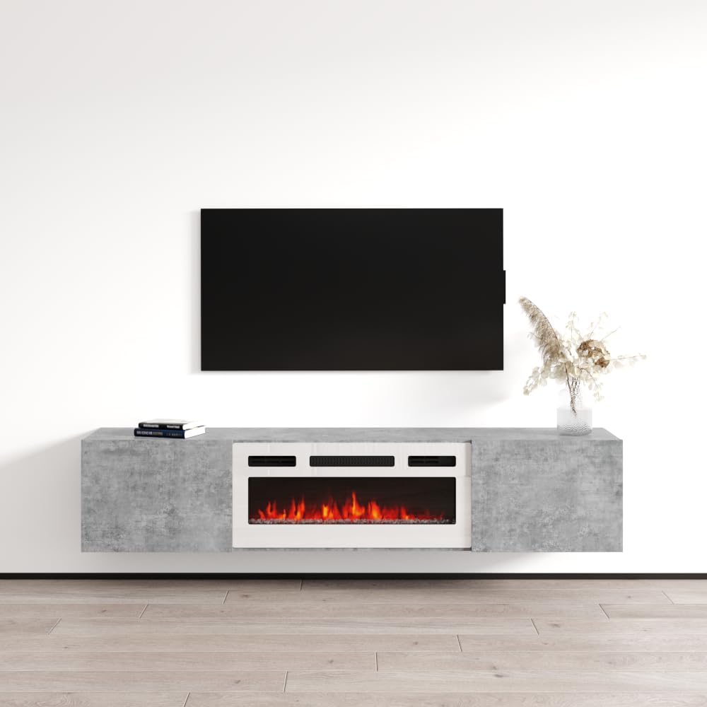 Meble Furniture Baja WH-EF Floating Fireplace TV Stand — Electric Fireplace with Multicolor Flames — Matte Finish, 70.9" W x 15.7" D x 23.6" H — Concrete