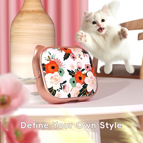 Image of for AirPods Pro 2 Case with Cleaning Kit, Cute Cat Ear Print Design & Cute Buckle for Girls, Phone Holder & Top Safe Lock Buckle Design for AirPods Pro 2nd /1st Gen case, Rose Gold Flower