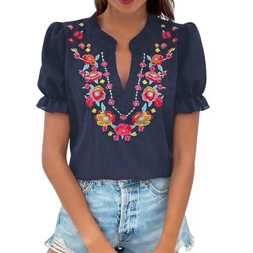 Chemisier d'été pour femme avec broderie florale chic et col en V
