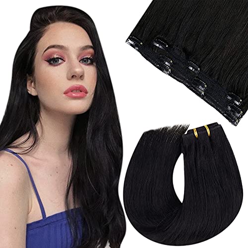 Easyouth Hair Extensions Clip in Human Hair Color Off Black Double Weft Clip in Extensions Natural Straight Hair for Women 12 Inch 50g 3pcs