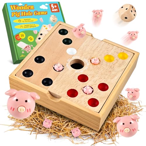 Wooderma Holz Schweinchen Spiel Big Hole | Lustiges Würfelspiel für Kinder und Erwachsene | Gesellschaftsspiel | Familienspiel | Ferkelrennen Brettspiel ab 3 Jahren als Geschenk
