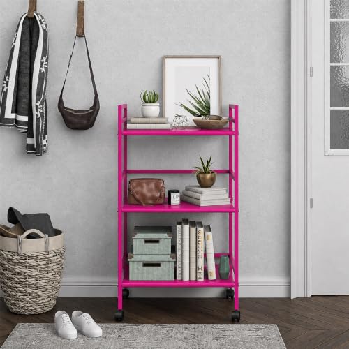 Image of WINSTAR Metal Rolling Trolley with Lockable Wheels | Heavy Duty Multifunctional Metal Frame Cart | Ideal for Home, Kitchen, Bathroom and Office Storage | (Fuchsia Pink, 3-Tier)
