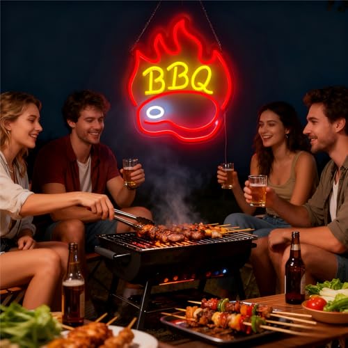 Image of BBQ Neon Signs for Backdrop wall decor,Dimmable USB Powered,Barbecue Neon Light Up Home Party restaurant Grill Beer Bar Decoration Lights, Bright LED bbq sign (14.8 inch*12.2 inchin)