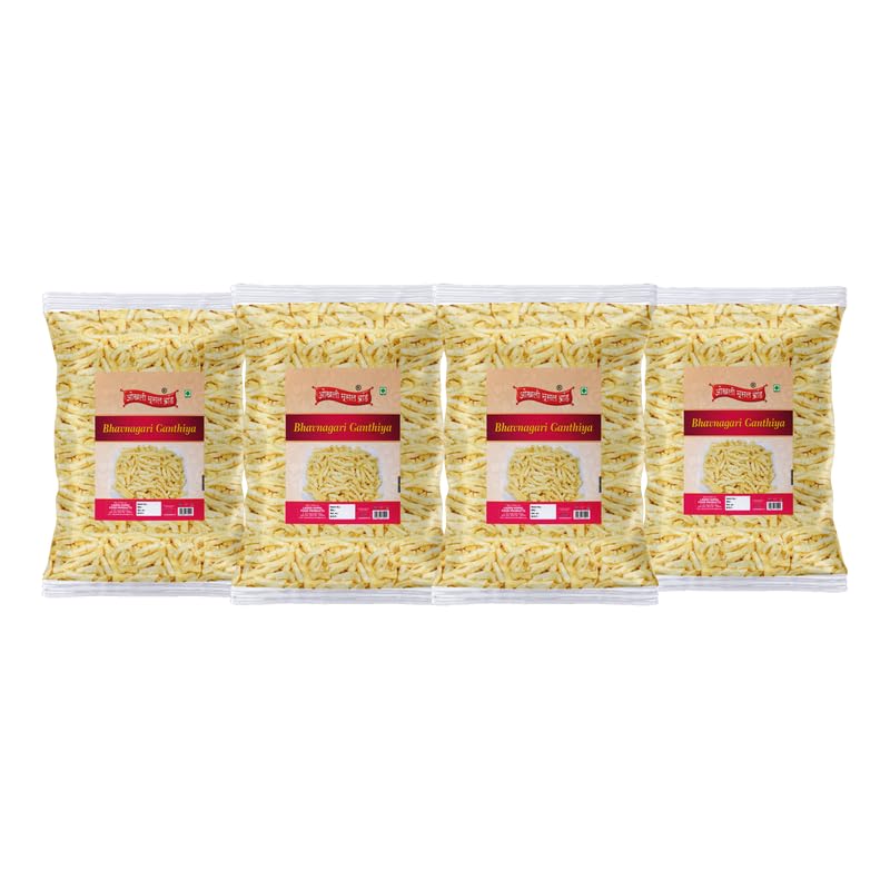 Image of OKHLI MUSAL BRAND Bhavnagri Gathiya-Fried Gram Flour Sticks, Carom Seeds | Malwa Suryapur Bhavnagari Gathiya Namkeen | Ganthiya Made in Groundnut Oil Festive Favourite Lite Savoury Snack-900g*4Pack