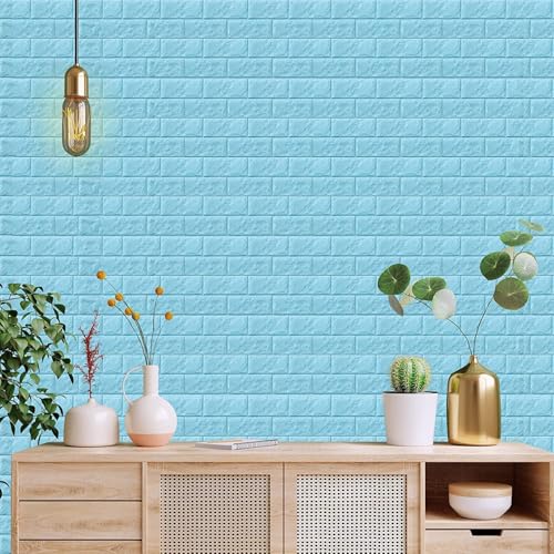 Image of 3D Brick Wallpaper for Wall | Self Adhesive PE Foam DIY Panel | Peel & Stick Decor for Home, Living, Bedroom & Office (70 x 77 cm, Appx 5.8 Sq Ft) (8, Sky Blue)