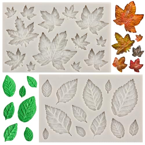 MYPRACS Moldes de silicone com design de folhas de ácer para decoração de bolos, pasta de borracha, decoração de cupcakes, caramelo, chocolate, argila de polímero, conjunto de 2