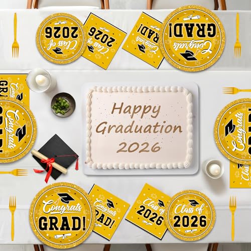 Image of Graduation Party Supplies Set for 50 Guests, Yellow Graduation Plates and Napkins 2026, 200Pcs Disposable Grad Plates, Napkins, Dessert Plates and Forks for 2026 School Ceremony, Birthday Tableware