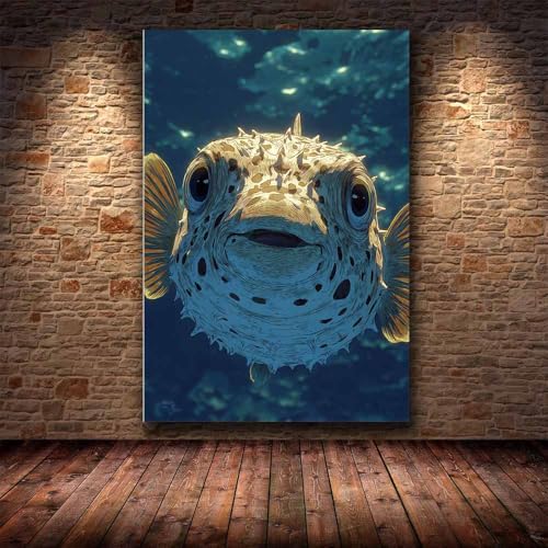 Toile animaux marins poisson-globe épineux cadre mural salon chambre beige 60x90
