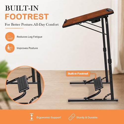 Image of Amazon Basics | Work Easy | Height Adjustable Laptop Table with Footrest | Adjustable Table Top Angle | Alloy Steel | Rustic Amber | 75 cm - H, 60 cm - L, 44.5 cm - W