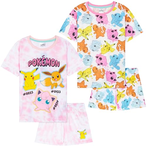 Get Trend Pokemon Pijamas Niña Chica Tie Dye Paquete de 2 Pijama Manga Corta Niña con Shorts Ropa de Estar en Casa Regalos Niños (7-8 Años, Multi Pokemon, 2)