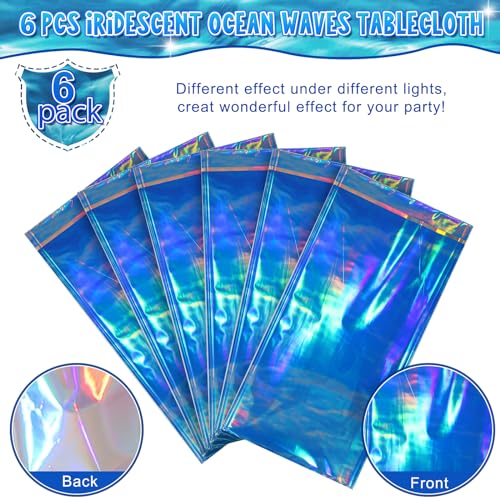 Image of Hallswl 6Pcs 54 x 108 Inch Iridescent Ocean Waves Plastic Tablecloths | Disposable Blue Table Cloth Rectangle Table Covers for Under the Sea Beach Pool Party Birthday Party Decorations
