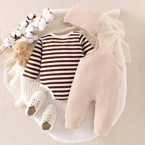 Baby Boy Clothes Newborn Striped Romper Fall Outfits + Infant Cartoon Suspender Overall + Cute Hat 3 Pcs 0-18 Months - Image 4