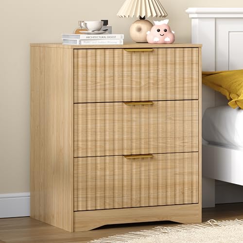 Image of Fluted 3 Drawer Dresser,24 inch Wood Night Stand, Bedside & End Table with Metal Handles, Modern Wood Chest of Drawers for Bedroom, Entryway, Hallway,Living Room,Natural Wood