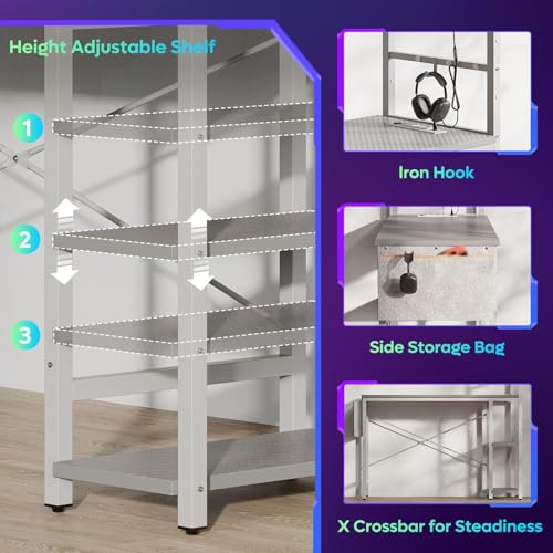 Image of Bestier Gaming Desk with Power Outlets, 44 Inch Led Gamer Desk with 4 Tiers Reversible Shelves, PC Gaming Table with Headset Hook & Side Storage Bag for Bedroom (Grey 3D Carbon Fiber)