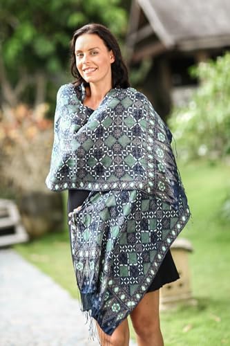 NOVICA Artisan Handmade Silk Batik Shawl Fair Trade Patterned Blue Accessories Shawls Indonesia ' Java Starlight'2