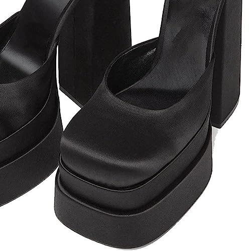 VIMISAOI Black Women's Chunky Heels - Square Toe, Ankle Strap, Buckle, Rhinestones, Wedge, Silk Satin, High Platform Pumps4