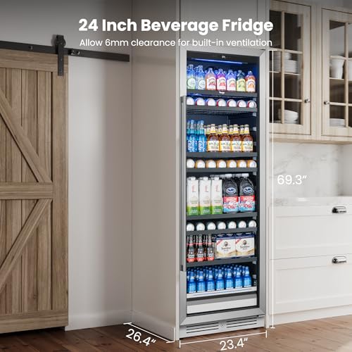 Image of Yeego 24 Inch Large Capacity Beverage Refrigerator, 378 Cans Beverage Cooler with Glass Door & Lock, Built-In or Freestanding Drink Fridge for Soda, Beer & Wine, Office, Bar or Entertainment Area