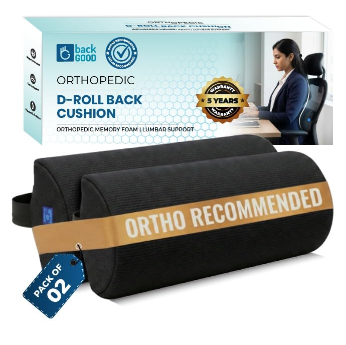 Image of D-Shaped Lumbar Support Roll | Memory Foam | 5-Year Warranty | Medical Grade Back Cushion for Lower Back Pain, Sciatica | Office Chair & Car Seat Lumbar Roll(Black)(Set of 2)
