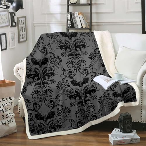 Adults Black Damask Throw Blanket Antique Victorian Baroque Blanket 90"x90", Exotic Vintage Floral Fleece Blanket Gothic Bat Bed Blanket,Bats Sugar Skull Bone Skeleton Bohemian Decor,Grey - Damask Floral 2 - Queen
