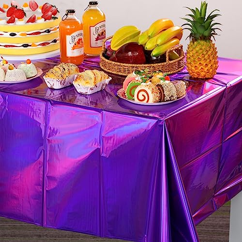 Image of FunnyPars 1 Pack Iridescent Purple Plastic Tablecloths, Shiny Disposable Laser Rectangle Table Covers, Foil Tablecloth Iridescent Party Decorations for Kpop Birthday Bridal Wedding Decor, 54x108 Inch