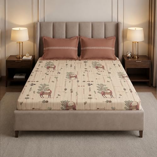 Image of MYTRIDENT Soft Comfort Bedsheet for Double Bed King Size | 72 Inches x 78 Inches + 12 Inches | 180 TC, 100% Cotton, Elastic fittedsheet with 2 Pillow Covers | Soft and Breathable - Harini