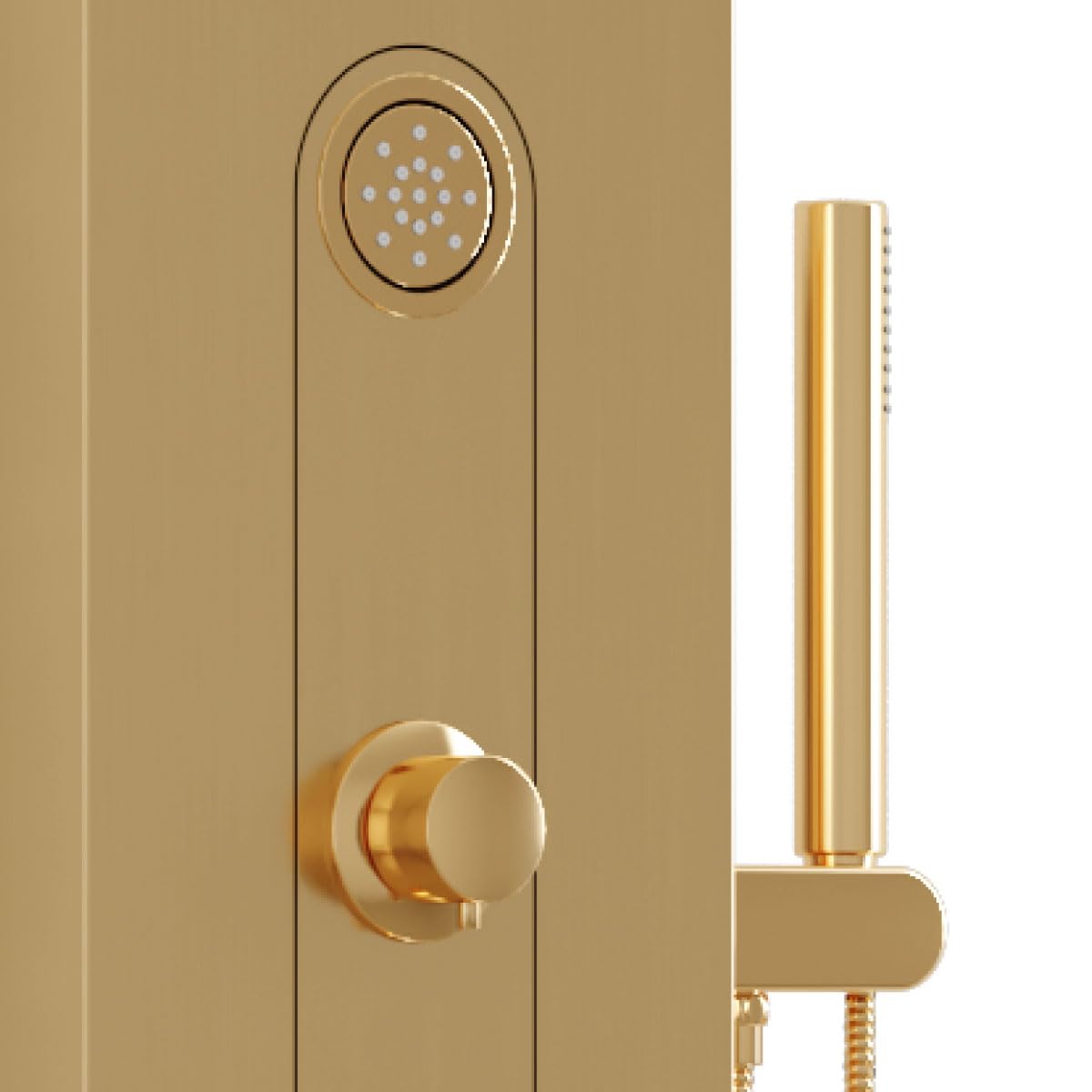 Colonna pannello doccia in acciaio inox con doccetta, flessibile e getti orizzontali massage modello andromeda, Oro Satinato