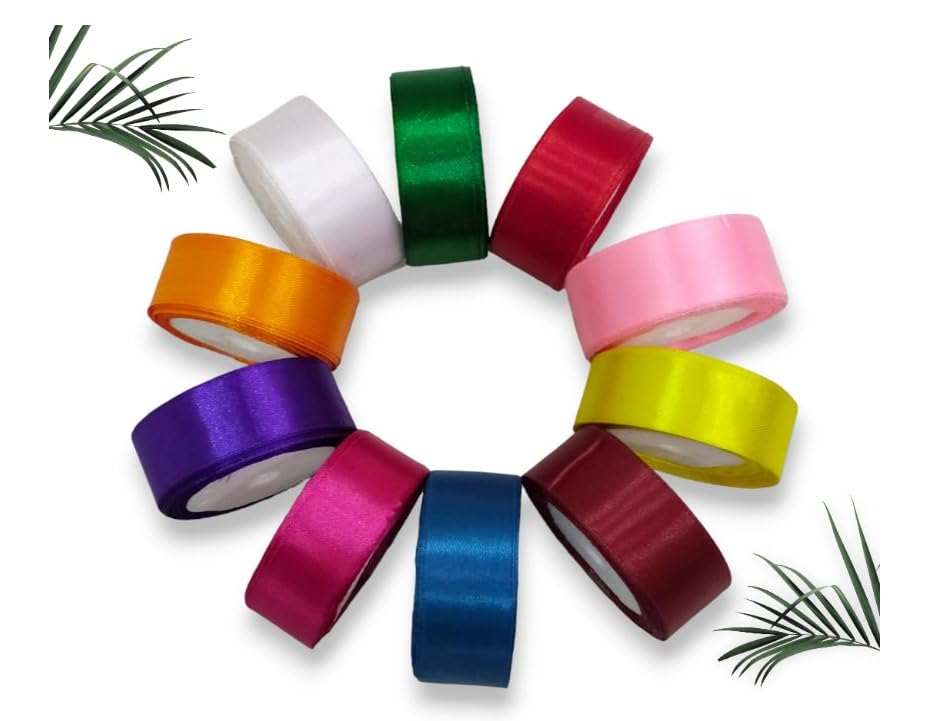 Image of Craft and Toys Satin Ribbon for Decoration, Gift Wrapping, and Other Multi-Purpose Use (Pack of 10), Colour:- Multi 9 metres Approx (10 Pcs Satin Ribbon)