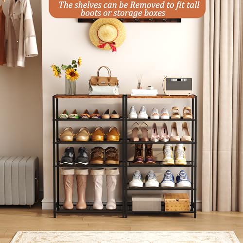 Image of HOMEFORT Shoe Rack 6-Tier, Shoe Storage Shelf, Industrial Shoe Tower, Narrow Shoe Organizer for Closet Entryway, Small Shoe Rack Table with Durable Metal Shelves, Rustic Brown
